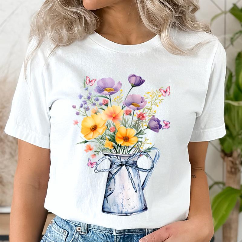Женская футболка с винтажным принтом диких цветов и круглым вырезом, повседневные топы, летние футболки с цветочным принтом в ботаническом стиле, для любителей природы, цветочное искусство, полевые цветы