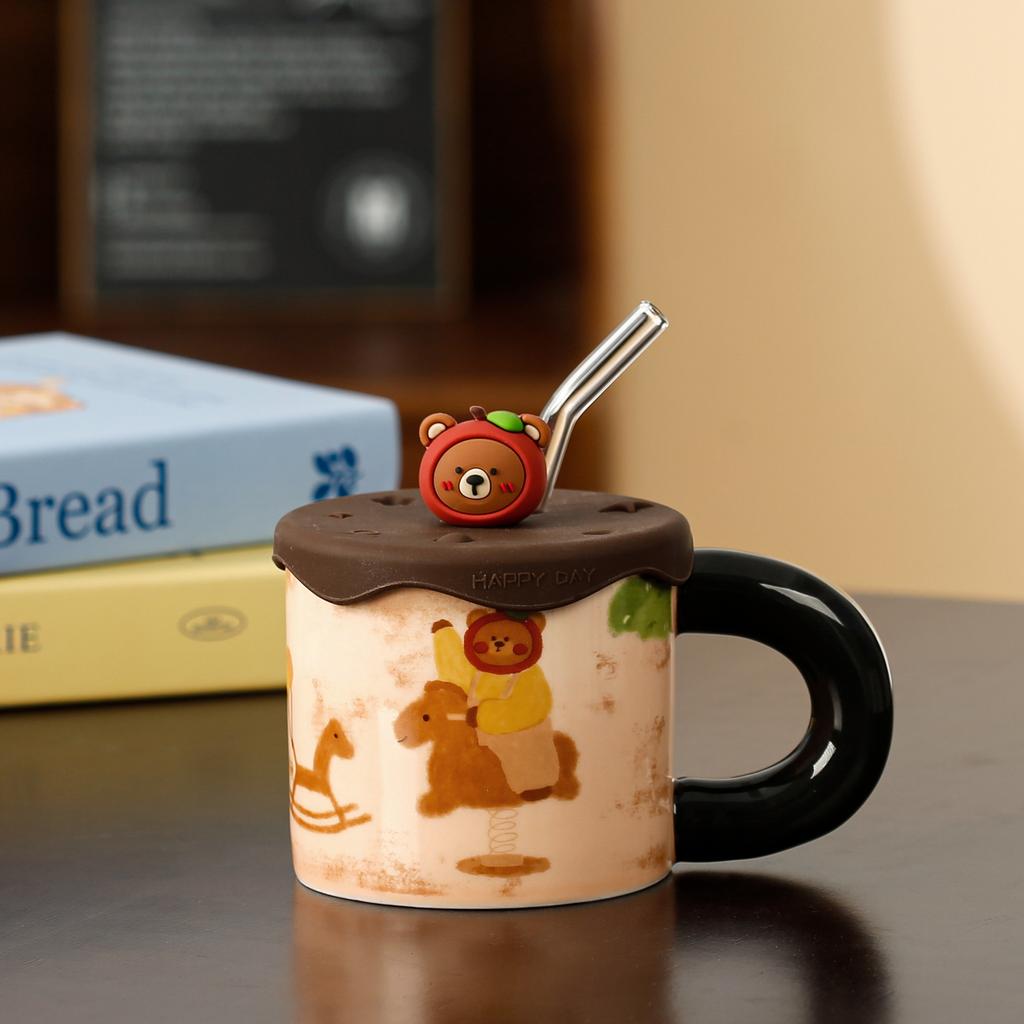 Cute Apple Bear Ceramic Cup with Silicone Lid Straw Water Cup High Precision Cute Mug Household Cup Gift
