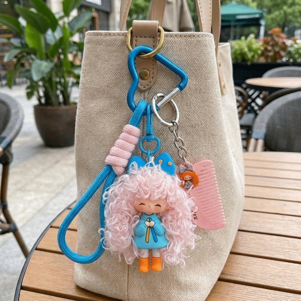 Soft Rubber Halyard Heart Keyring Colorful Bag Pendant Sweet Curly Hair Doll Keychain Women Gift
