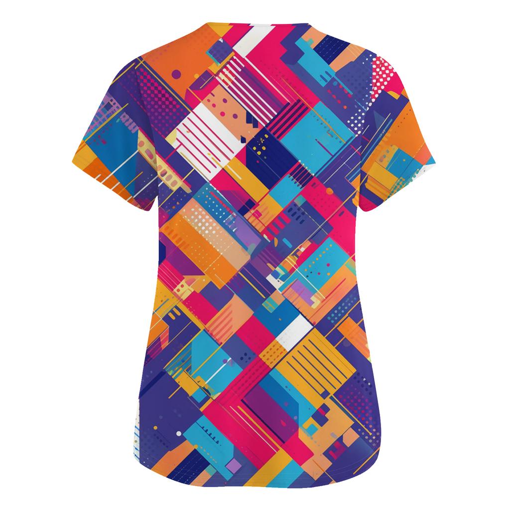 Женский модный рабочий топ с V-образным вырезом, принтом, короткими рукавами, карманом, боковым разрезом, базовый пуловер