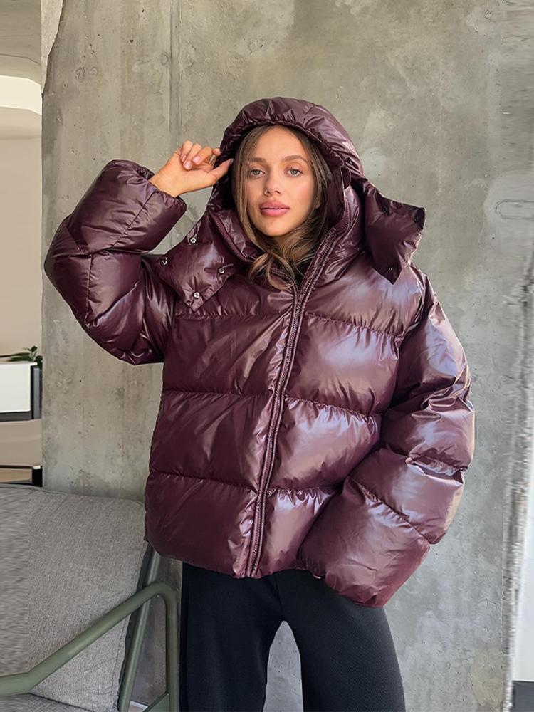 Женский пуховик из лакированной ткани со съемной шляпой, женская теплая, простая и модная зимняя куртка 2025