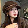 Brown Pu Leather Beret British Style Painter Hat Personality Suede Octagonal Hat Outdoor