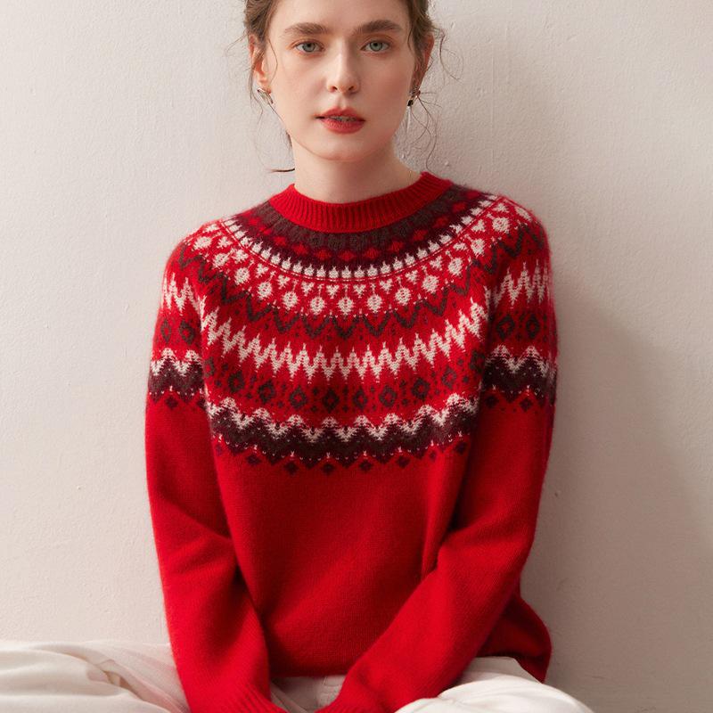 Women's Cashmere Fair Isle Sweater - 2025 Autumn/Winter Collection, Thickened Round Neck, Loose Fit, Long Sleeve Knit Base Layer.