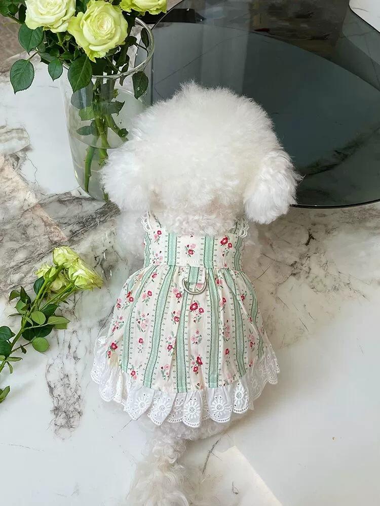 Одежда для домашних животных Весна/лето Новая полосатая кружевная юбка с цветочным принтом Медвежонок Кот Тонкая одежда Одежда для собак для маленьких собак Платье для маленьких собак