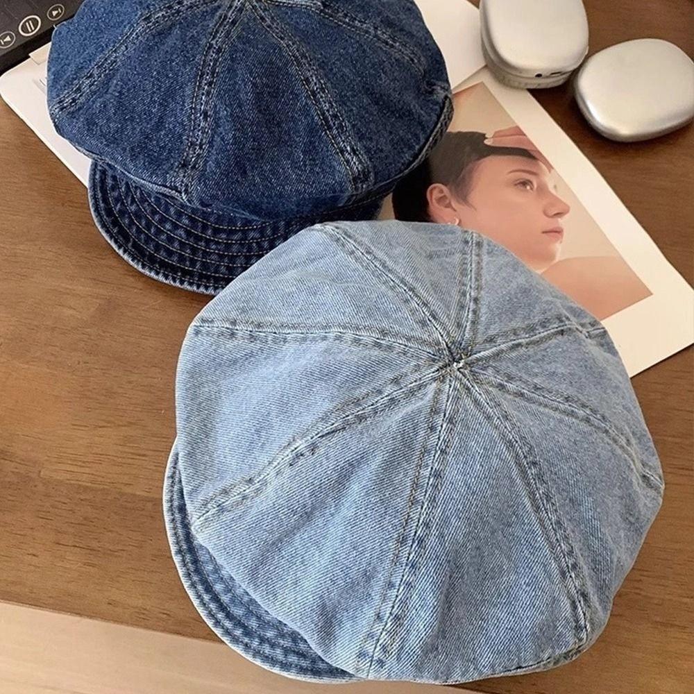 Newsboy Octagonal Cap Vintage Peaked Hat Korean Washed Denim Beret  Outdoor