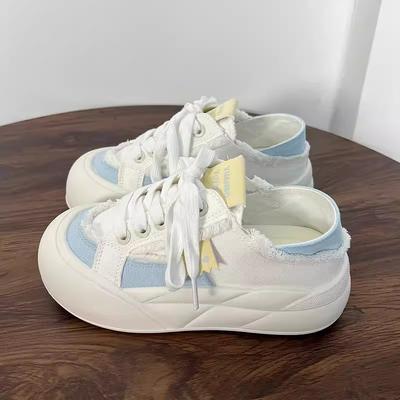 Корейская универсальная обувь, кеды, женская, 2025, новая, лето, ленивые полушлепанцы, платформа, белые туфли, повседневные туфли-хлебцы