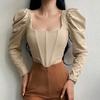 Retro Square Collar Sexy Blouse Women Elegant Office Tops Long Sleeve Slim Fit Blouses Solid Puff Sleeve Women Shirts Elegant 30117
