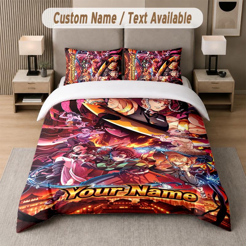Demon Slayer 3Pcs Bedding Set, Personalized Custom Name Text, 1 Duvet Cover & 2 Pillowcases For Bedroom
