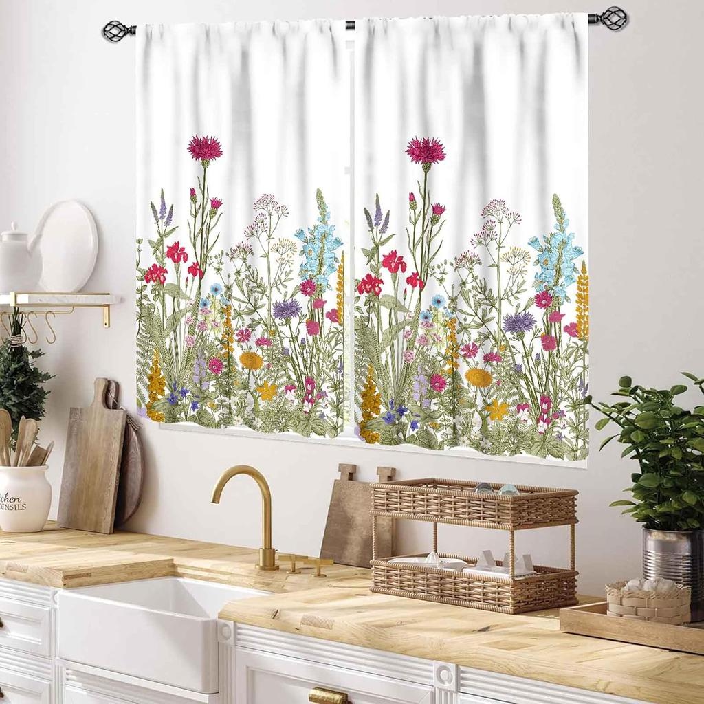 Wild Floral Kitchen Curtains, Rustic Green Leaf Colorful Plant Spring Flower Blossom Botanical Nature Vintage Small Short Window