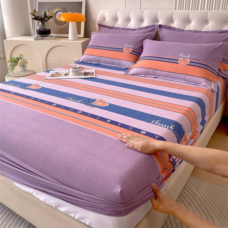 Classic Floral Pattern Fitted Sheet Set 100% Cotton Thickened Fitted Sheet Soft Skin-friendly Mattress Cover with 2 Pillowcases