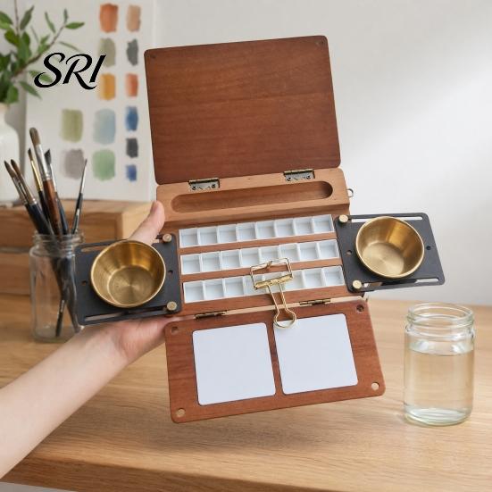 Beginner Watercolor Kit 24-Grid Palette Box, Travel Paint with Brush Cup Holders, Box Two Mixing Areas, Wooden Portable Paintbox for Painting Outdoor
