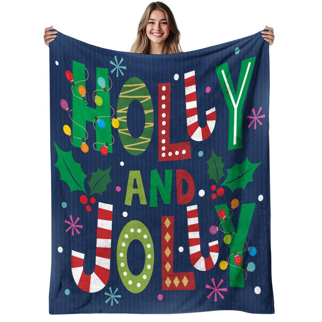 1pc Holly Jolly Letters Flannel Blanket - Soft Warm 280gsm All-Season Christmas & Halloween Bedspread with H-O-L-L-Y & J-O-L-L-Y Lettering, Holly Berr