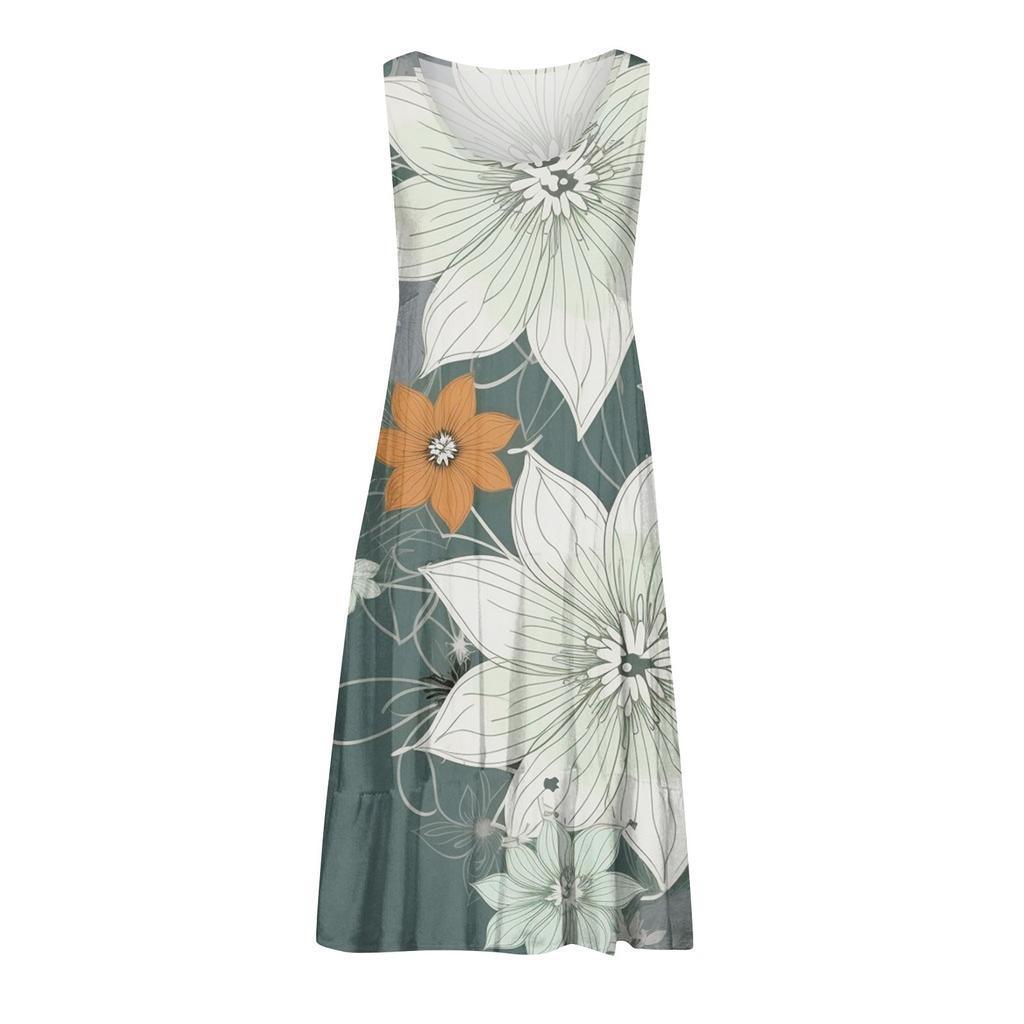 Женские платья-жилеты Лето-весна Плиссированные богемные платья Симпатичные струящиеся пляжные платья без рукавов Прямая футболка Платья-майки Платья с круглым вырезом