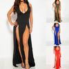 Fashion Women Solid Sexy V-neck Sleeveless Open Fork Night-club Long Dress