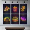 Colorful Fast Food Neon Canvas Painting French Fries Drink Pizza Burger Icons Street Art Posters for Dinning Room Wall Decor