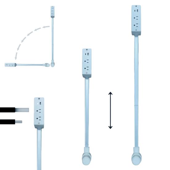 Расширитель розеток с USB-A, USB-C, 2 розетки переменного тока, расширяется на 22–34 дюйма, вращается на 180 градусов, вращающееся основание