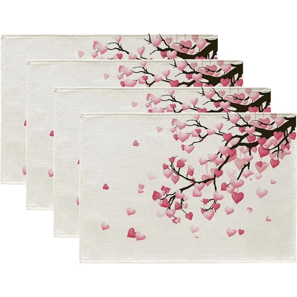 4PC Valentine's Day Placemats Set of 4 Love Heart Shaped Branch Linen Table Mats Decorations Wedding Anniversary Banquet Kitch