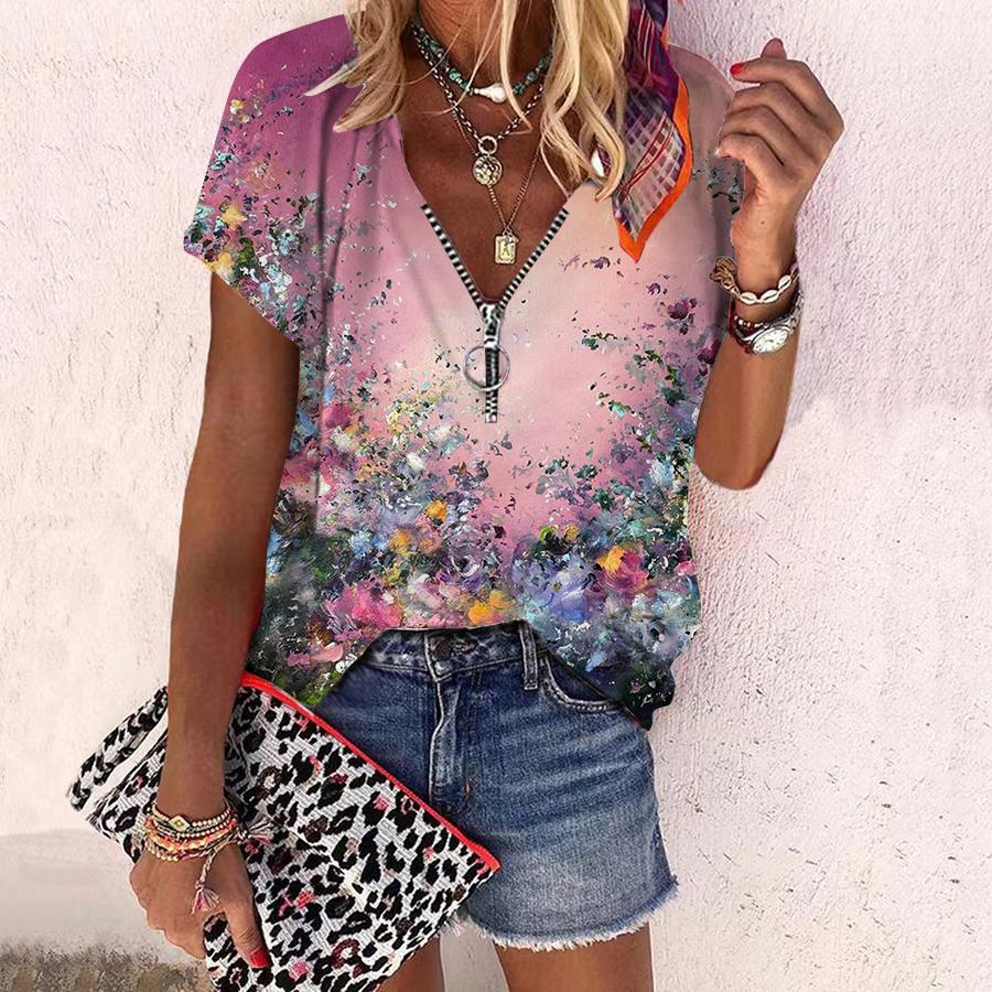 Женский топ, летний новый модный топ с цветочным принтом и принтом, повседневный топ на молнии с v-образным вырезом и короткими рукавами