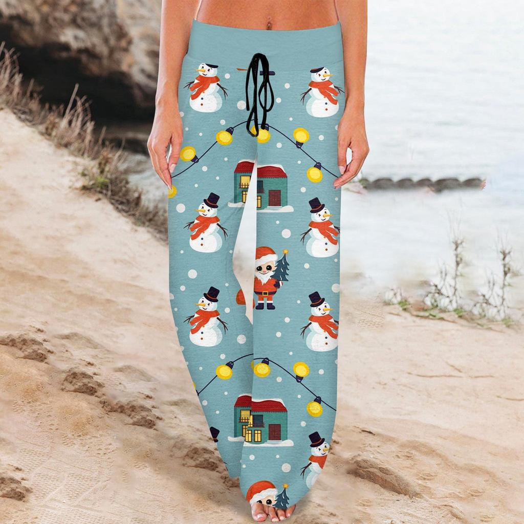 Women's Comfy Pajama Pants Pocket Christmas Print Drawstring Wide Leg Pants