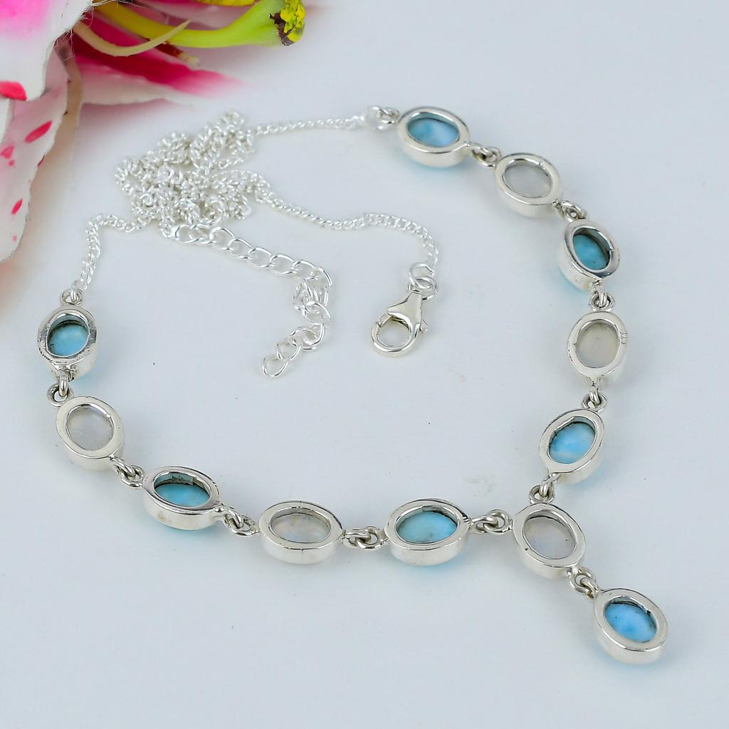 Ожерелье из натурального радужного лунного камня и драгоценного камня Ларимар 925 пробы, 18 дюймов b7W41