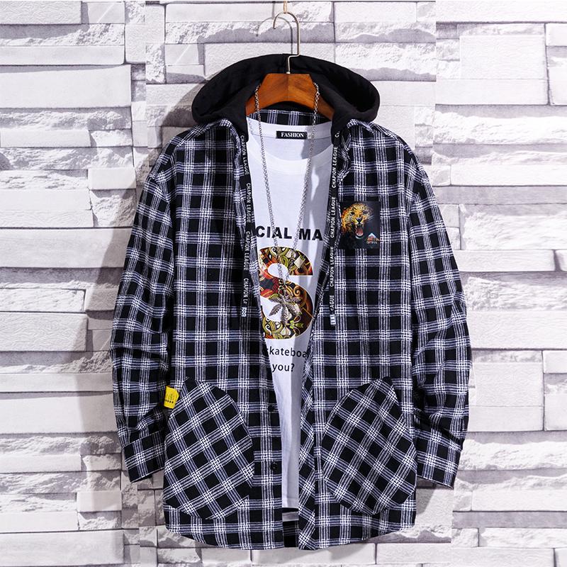 Youth Men's Casual Fashion Plaid Slim Long Sleeve Hoodie Long Sleeve Shirt