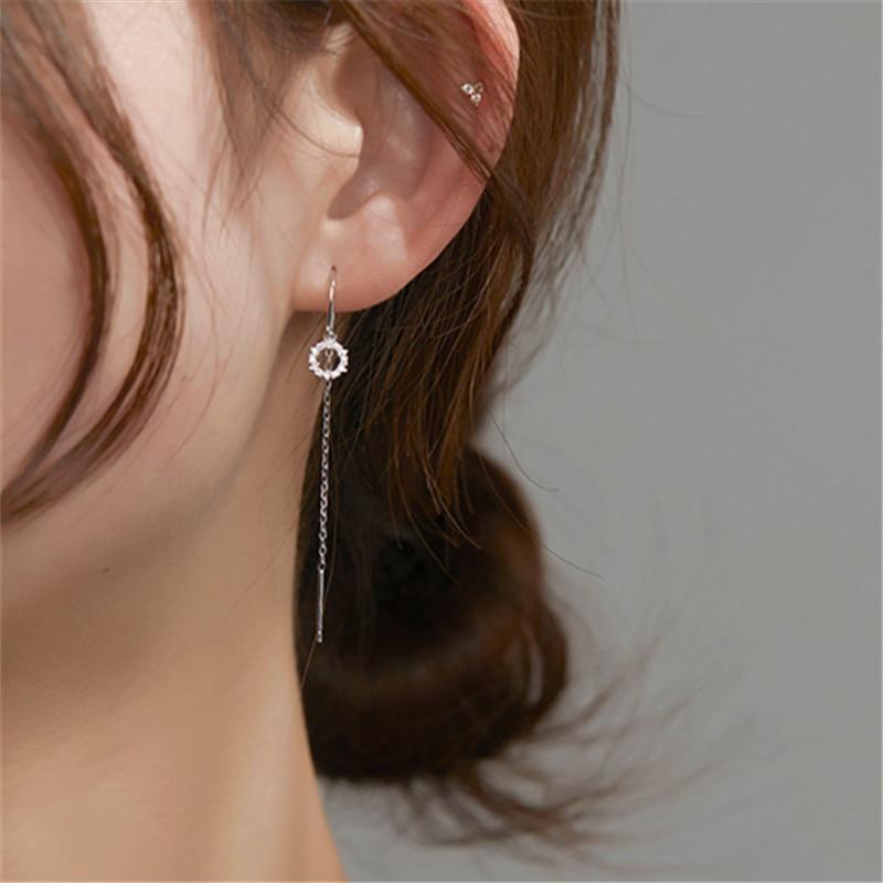 925 Sterling Silver Crystal Round Long Chain Stud Earring For Women Girls Wedding Jewelry Pendientes Accessories Eh1426