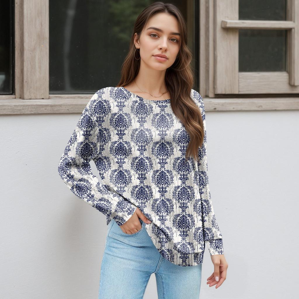 Women's Winter Color-Block Printed Lightweight Brushed-Cotton Round Neck Top