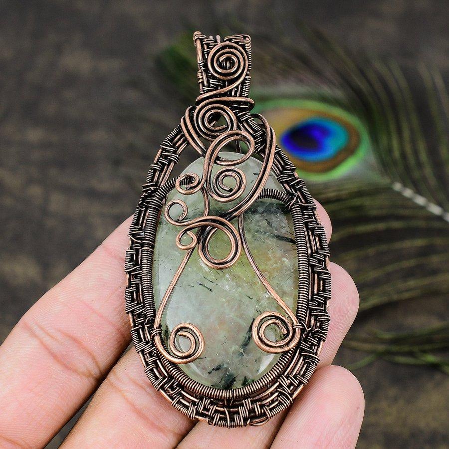 Prehnite Gemstone Copper Wire Wrap Jewelry Pendant 3.47