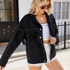 2024 Spring Women's Black Denim Jacket with Rivet & Tassel Details