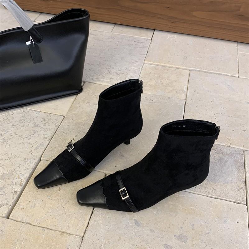 2025 New Autumn and Winter Korean Maillard Wears High-heeled Short Boots, Suede Rear Zipper Retro Square Head Short Boots for Women
