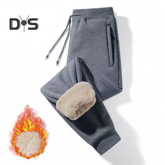 Winter Men Pants Thick Plush Drawstring Elastic Waist Heat Retention Zipper Pockets Plus Size Ankle-banded Solid Color Warm Sport Travel Work Trousers
