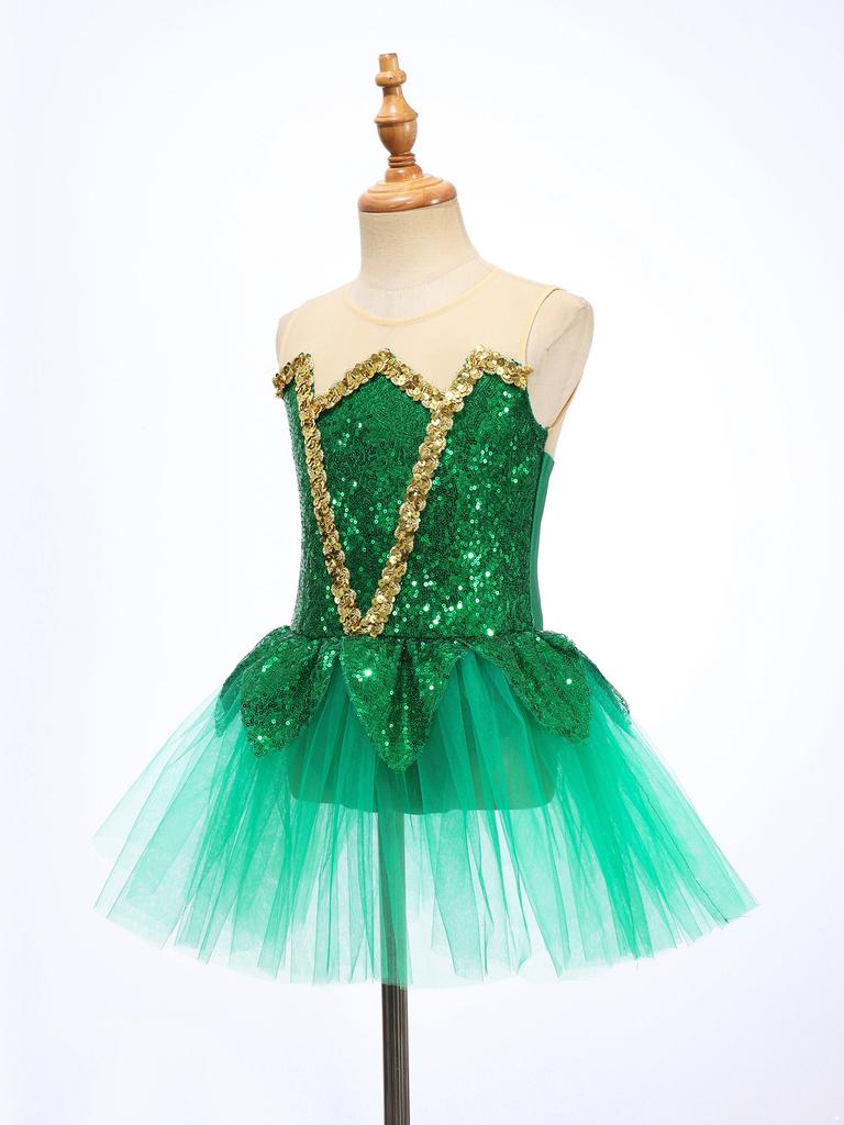 Girls Halloween Elf Cosplay Costume Sleeveless Keyhole Back Shiny Sequins Mesh Tutu Dress Bodysuit Jumpsuit