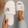 Fashion Metal Butterfly Decor Plush Slippers Women Indoor Home Open Toe Faux Fur Slides Woman Shiny Crystal Comfortable Fluffy Slippers