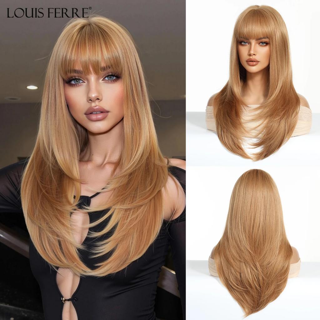 LOUIS FERRE Brown Base Blonde Highlights Medium Straight Layered Wig With Bangs Synthetic Hair Heat Resistant Women Daily Party