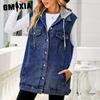 Solid Color Print Summer Spring Sleeveless Hooded Retro Denim Waistcoat Loose Casual Women Trend Jackets & Coats