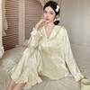 Spring Autumn Women Pajamas Set Elegant Sweet Solid Jacquard Tops and Ruffles Pants Satin Sleepwear Loose 2 Piece Suit Homewear