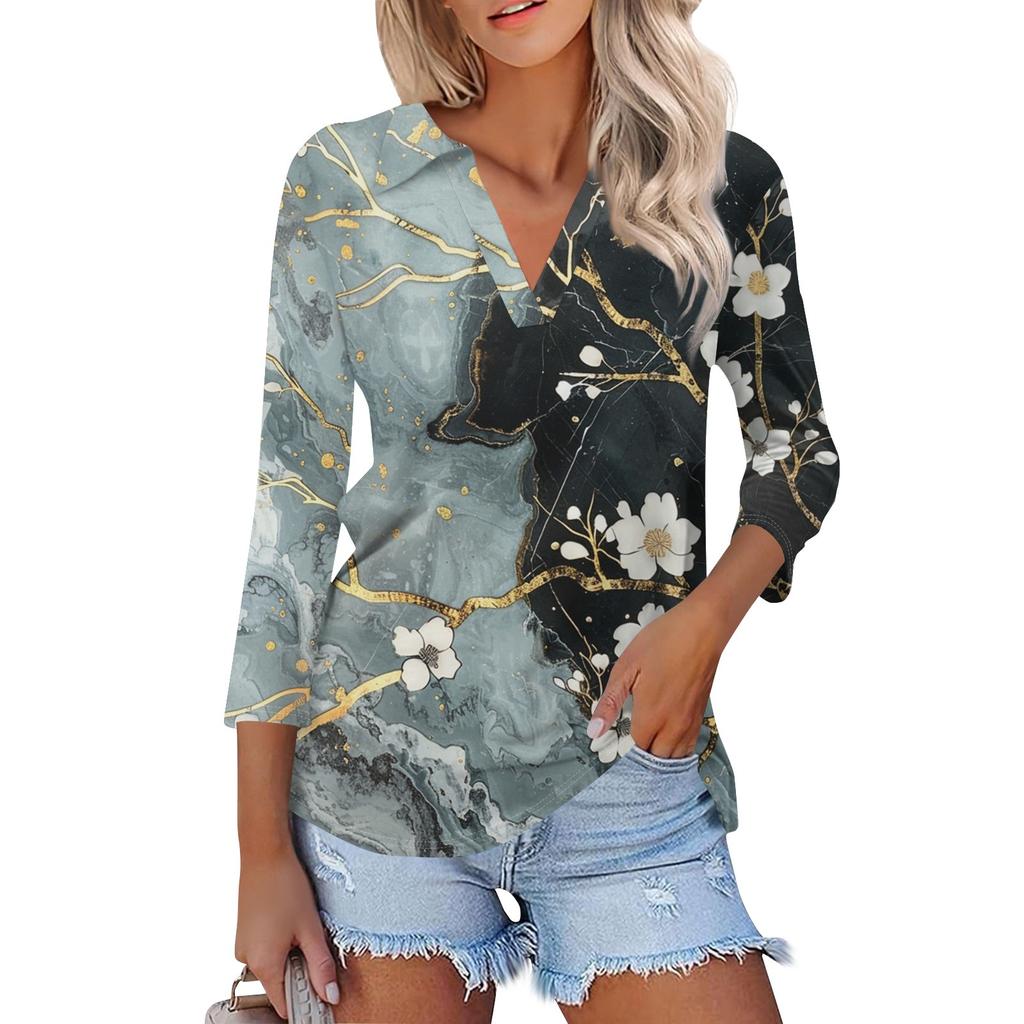 Женская летняя модная повседневная рубашка с v-образным вырезом и рукавами три четверти с принтом, топ