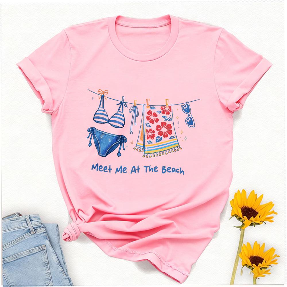 Unisex Meet Me At The Beach Bikini Floral Towel Print T Shirt Short Sleeve Cotton Tee Seaside Vacation Casual Streetwear Tops
