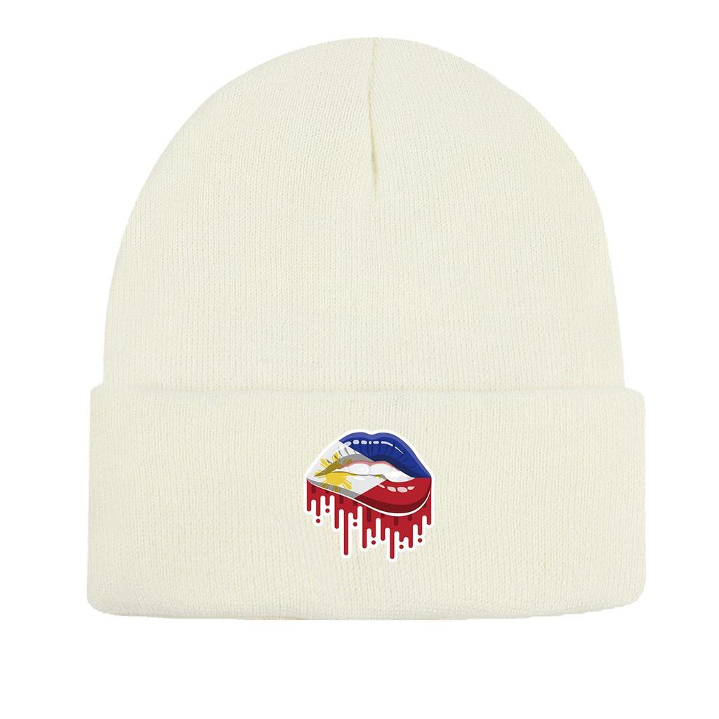 Lip Flag of Philipines Winter Knit Hat Beanie, Patriotic Skull Cap Thermal Slouchy Solid Bonnet Knitted Cap Beanie