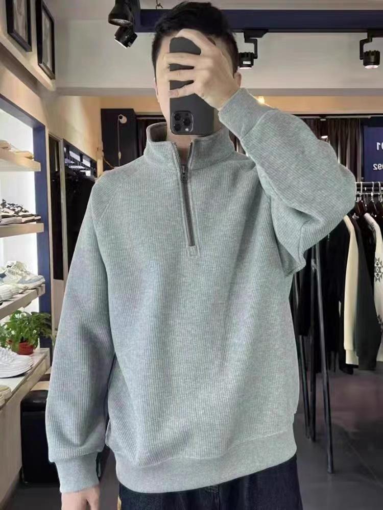 High Street Blockbuster Men's 2025 New Sweater Embroidered Half Zipper Loose Stand-Up Collar Versatile Bottom Top