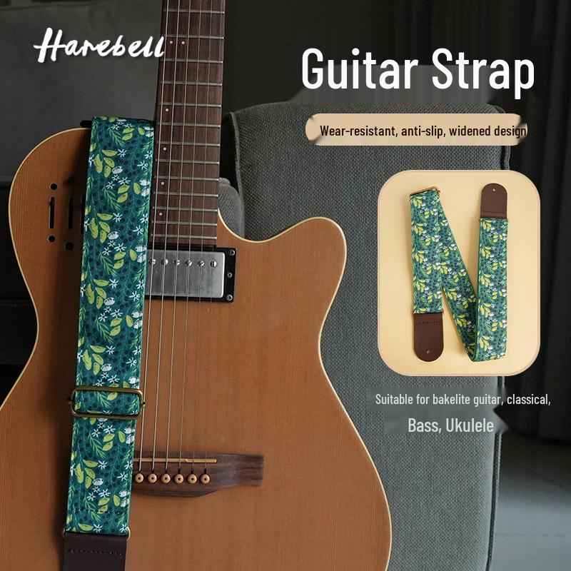 Retro Forest Style Faux Leather Guitar Strap with Green Leaf Vine Design
