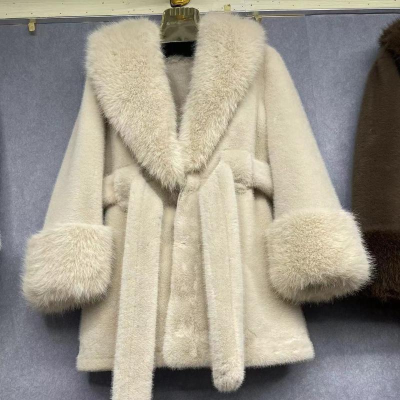 Slim Long Large Fur Collar Faux Fox Women Coat Winter Luxury Imitation Mink Fur Jacket Waist Belt Plush Furry Overcoat