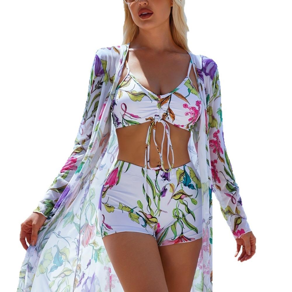 Женский трехсекционный комплект бикини с шортами-бойфрендами, модный купальник с бантом и пляжным парео