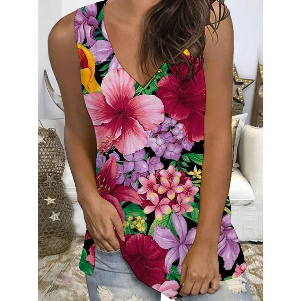 Colorful Flower Floral Tropical 3D Print Tank Top Women V-Neck Sleeveless Camisoles Off Shoulder Vest Y2k Tops Woman Clothing
