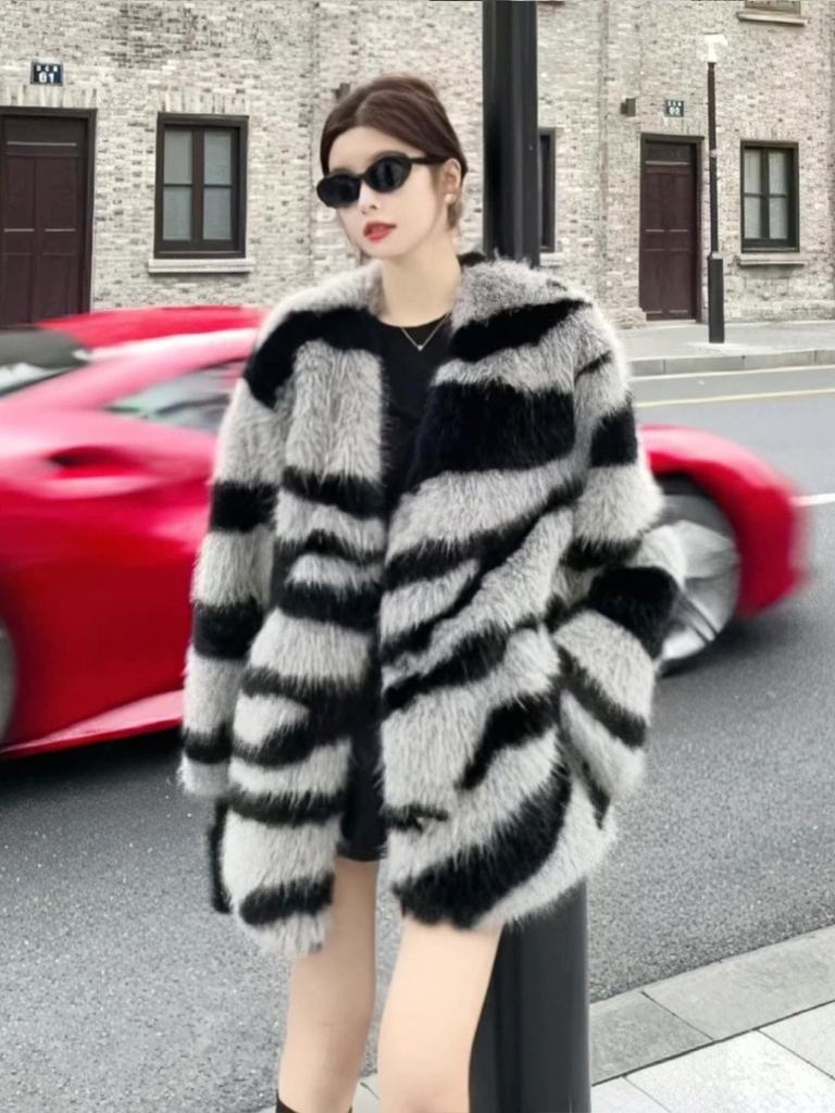 Zebra Pattern Fur Coat Retro Fluffy Imitation Fox Fur Coat Autumn and Winter New Medium and Long Cardigan Top