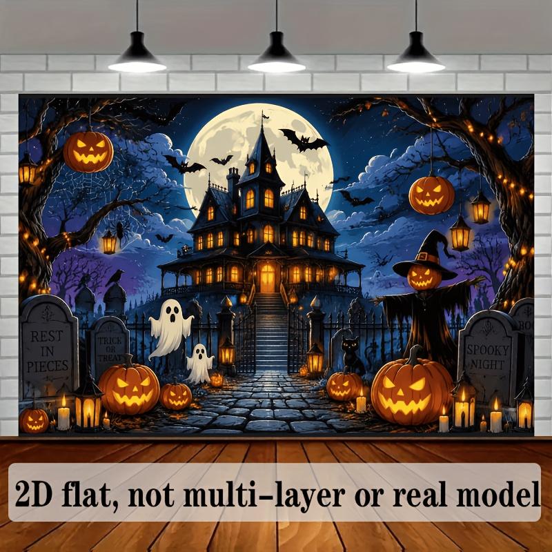2D flat, Halloween-themed background cloth, including castle haunted house, jack-o-lanterns, ghosts, bats, tombstones