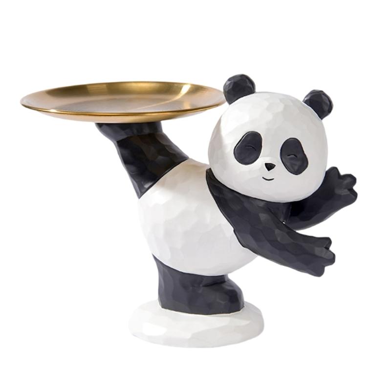 Decorative Panda Resins Statue with Storage Tray for Key and Trinkets Animal Sculpture Entryway Living Room Table Decors
