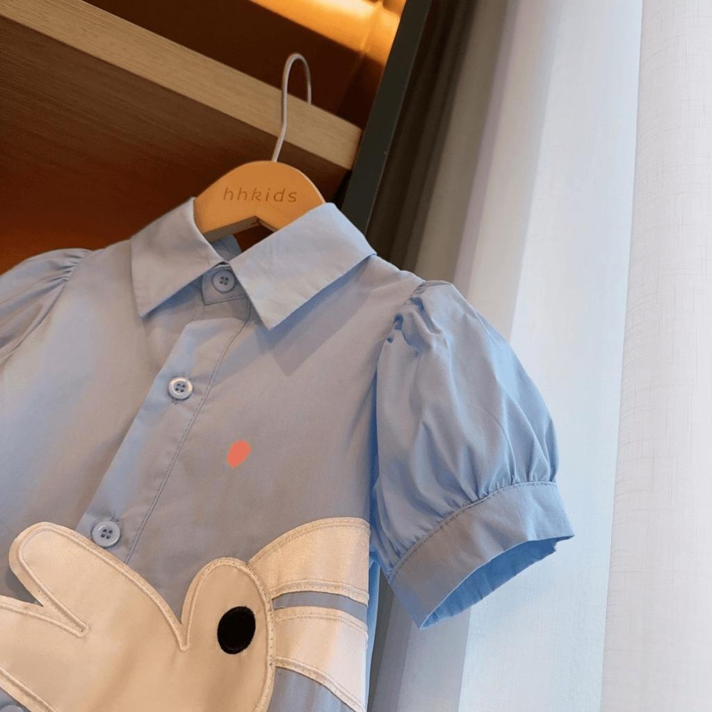 Rabbit Girls' Elegant Summer Dress - Pink with Bunny Embroidery, Ruffle Hem, Short Sleeve, Button-Up Collar, Non-Stretch Fabric, Cute Summer Dresses