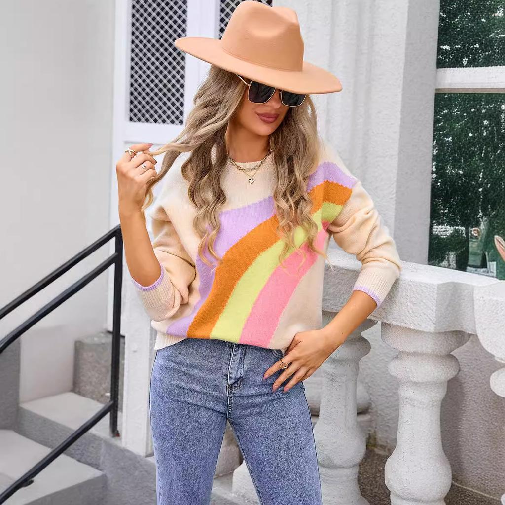 Осенне-зимний женский свитер-пуловер с длинным рукавом, с радужными полосками, модный свитер, трикотаж