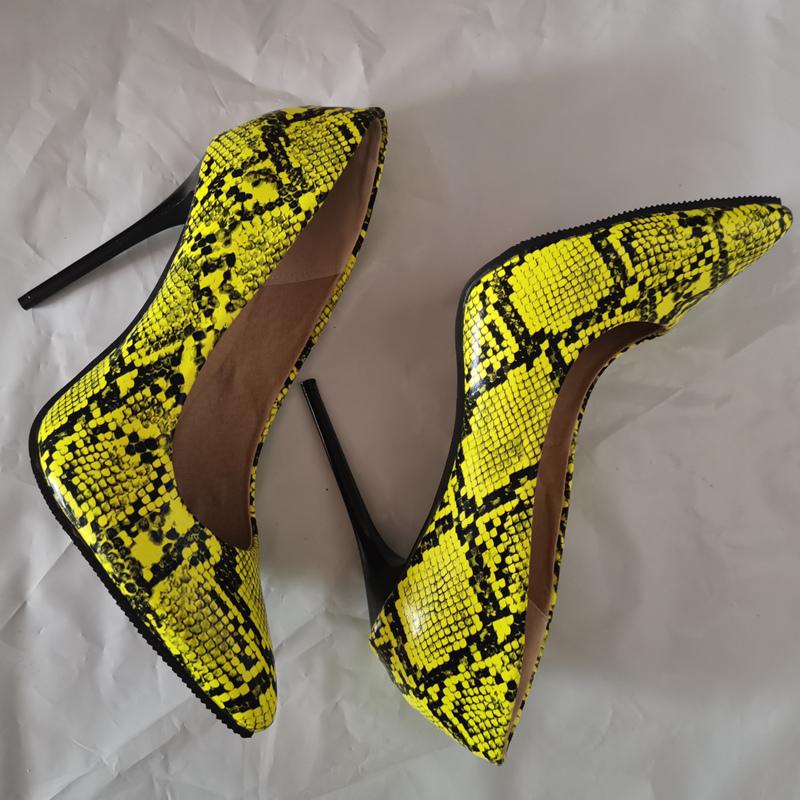 Модные туфли на высоком каблуке 12 см, женские туфли-лодочки, зеленые, желтые, со змеиным принтом, женские туфли на каблуке для офиса, женские, большого размера 45 47